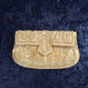 Vintage John Wind Japan Bead & Sequin Clutch Purse Ivory/Gold Mid-century Glam